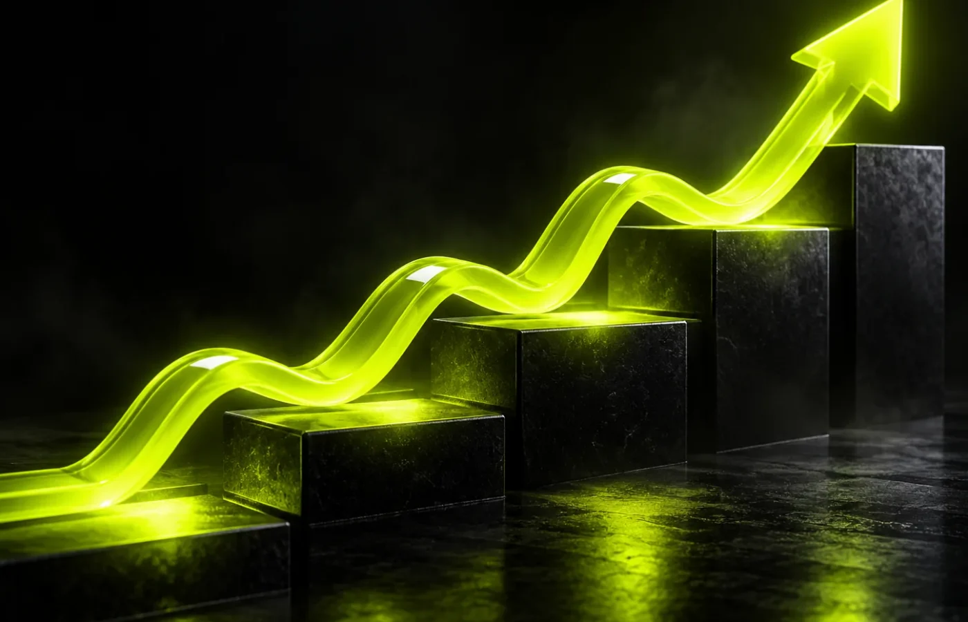 A rising chart ribbon over stepped platforms, representing client results