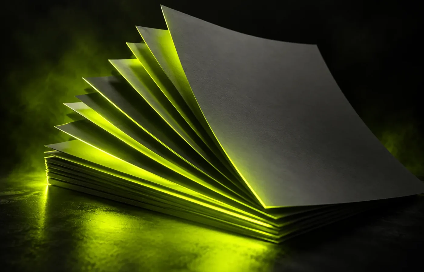 A fanned stack of paper sheets, representing design and print work