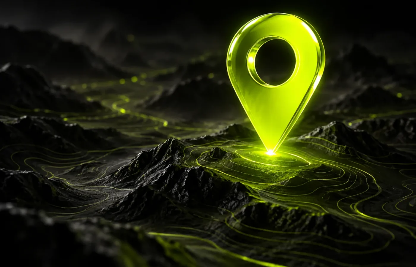 A map pin standing on a topographic landscape, representing local map ranking
