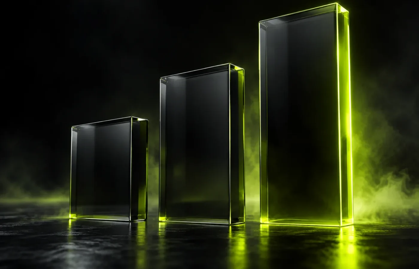 Three glass slabs of ascending height, representing pricing tiers