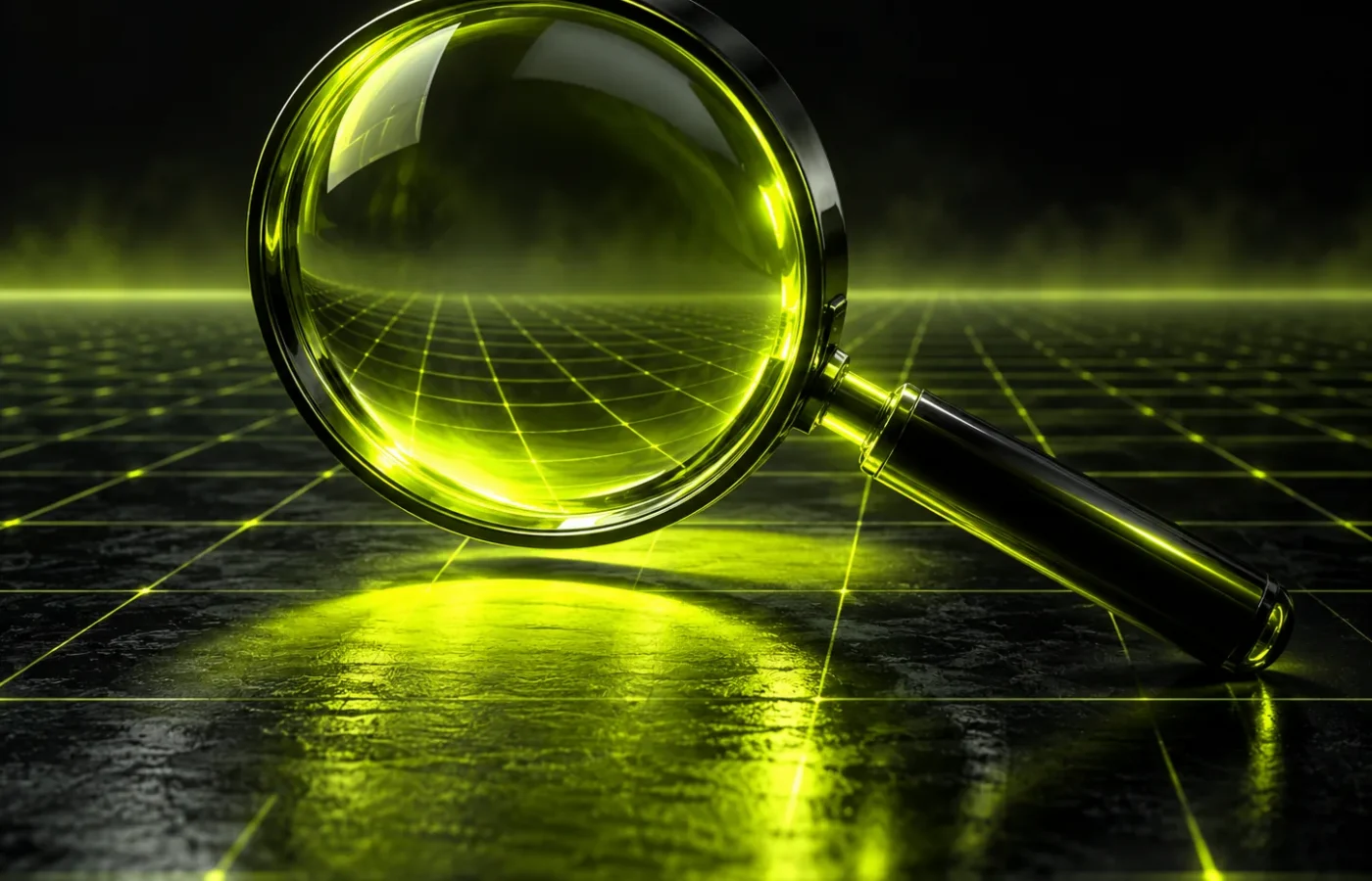 A magnifier over a glowing grid, representing search visibility