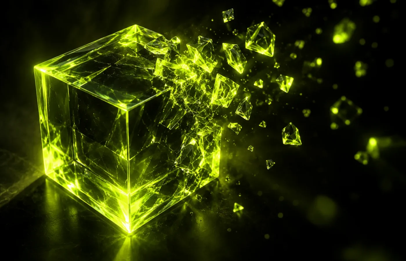 A crystal cube dissolving into fragments, representing software products