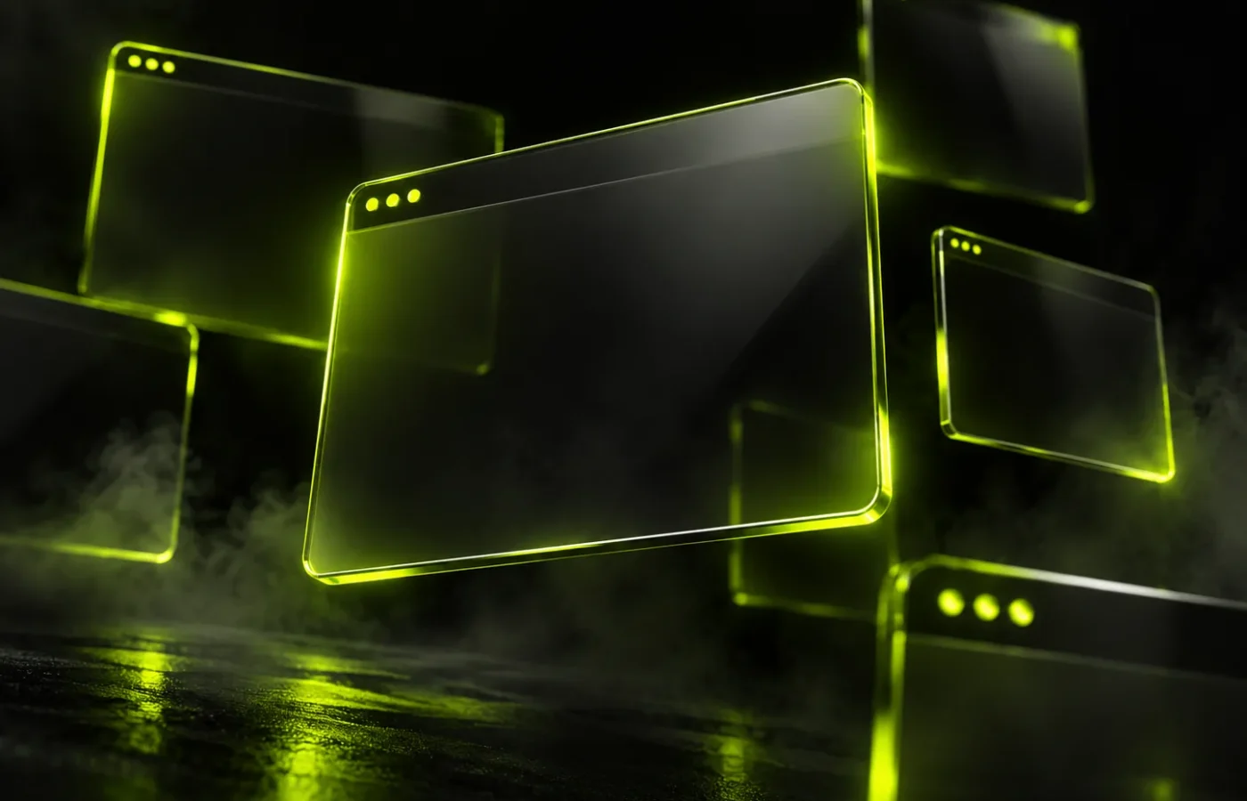 Floating glass browser windows, representing website design work